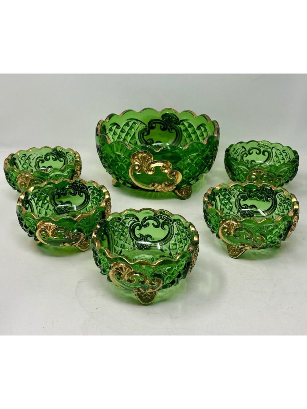 Riverside Glass Works EAPG Emerald Green & Gold Croesus Berry Bowls Set 6 Pieces